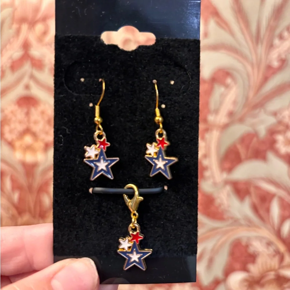 3pc set Star Earrings Red, Blue, and Gold Accents w matching pendant charm